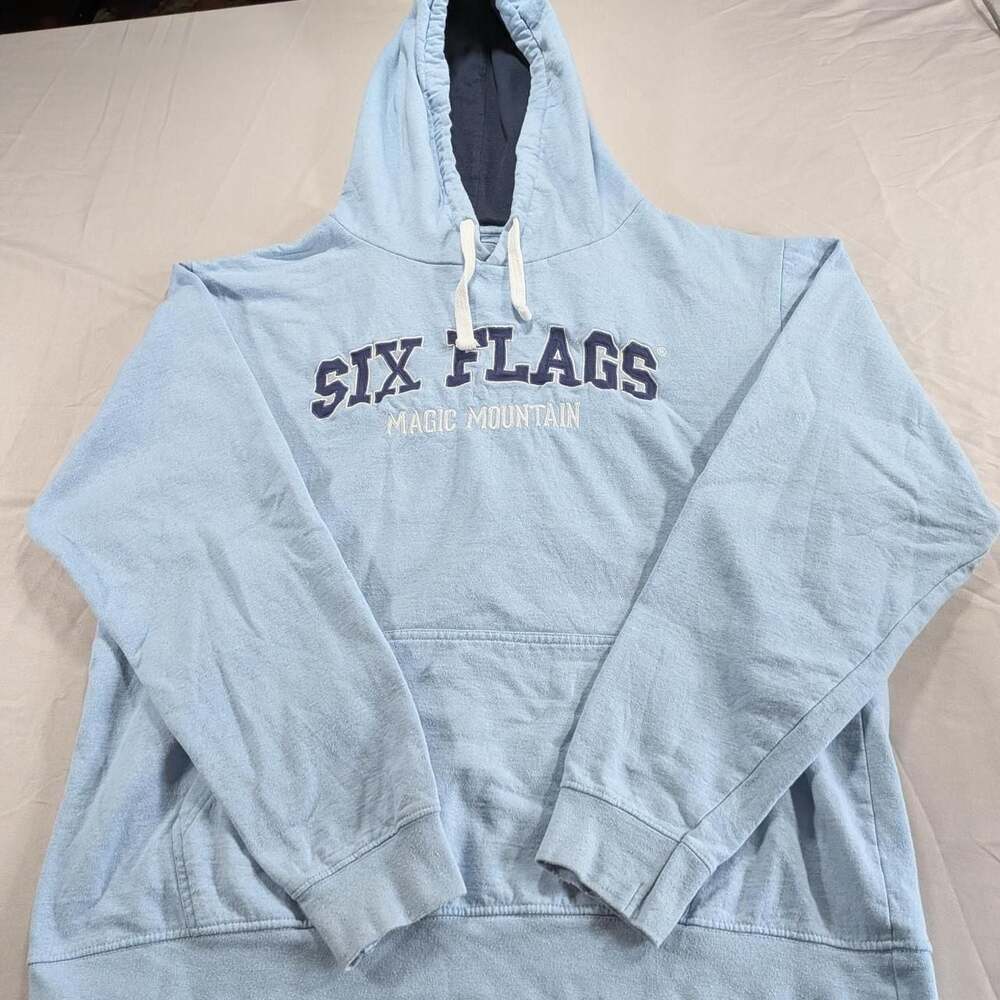 Six Flags Magic Mountain Embroidered Logo Hoodie Light Blue XL